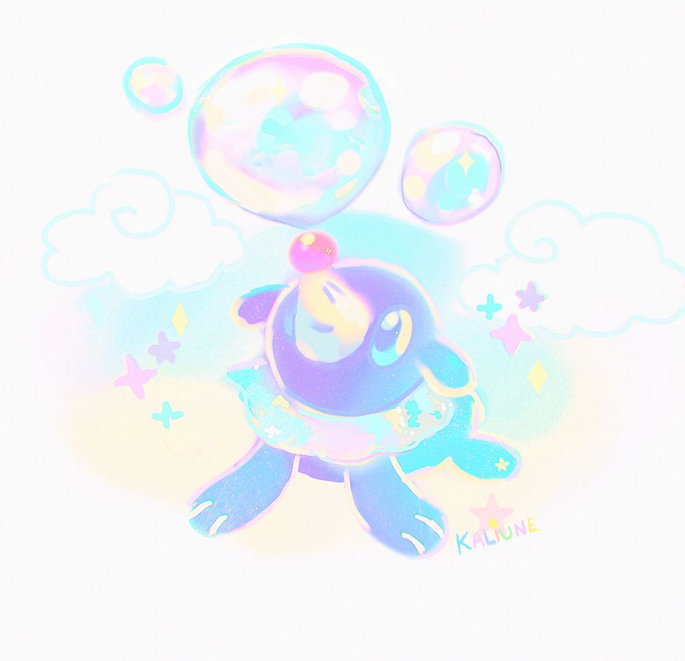 Doodle pokemon digital fanart of a colorful popplio with iridescent bubbles.