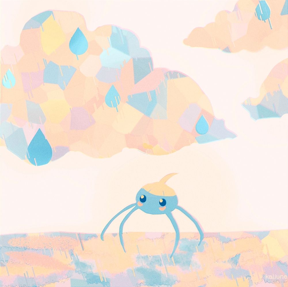 Pokemon fanart of Surskit. The background is rainy with soft colorful clouds and abstract shapes.