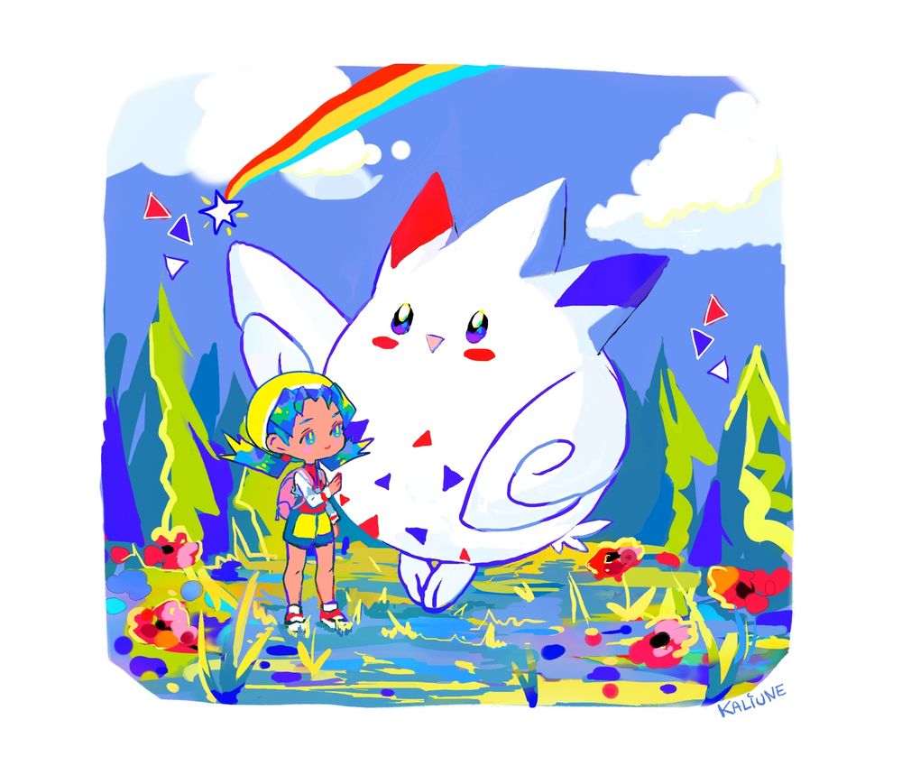 Fanart of Togekiss and Kris from Pokemon.
The background is a simple natural scenery with pine trees and poppies. There is a rainbow shooting star in the sky. The colors are vivid.