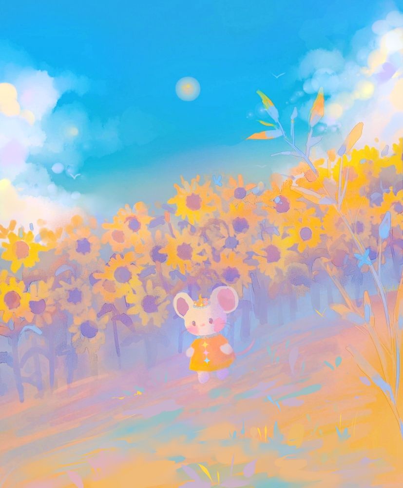 Digital art of a small white mouse wearing a beret and dress. She's walking next to a colorful sunflower field.