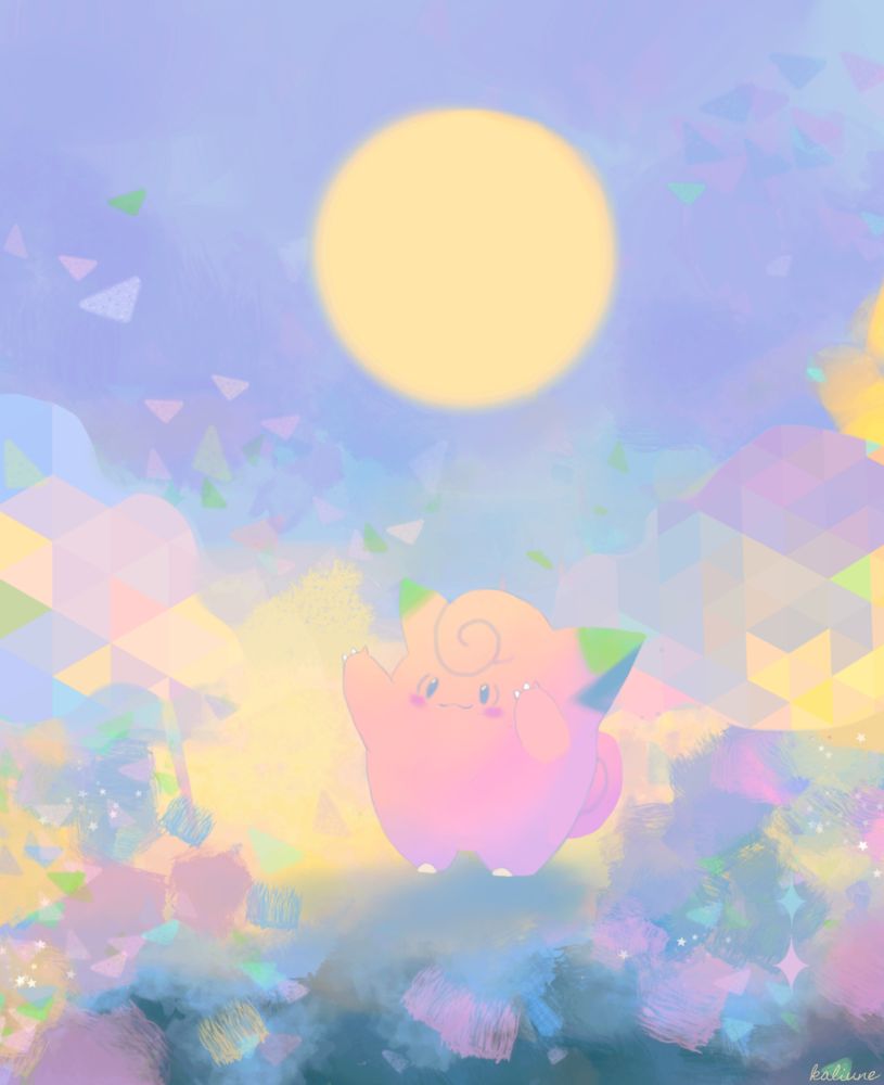Digital pokemon fanart of a shiny Clefairy raising its arms and looking at a big full moon above. The background has pastel colors with abstract shapes.