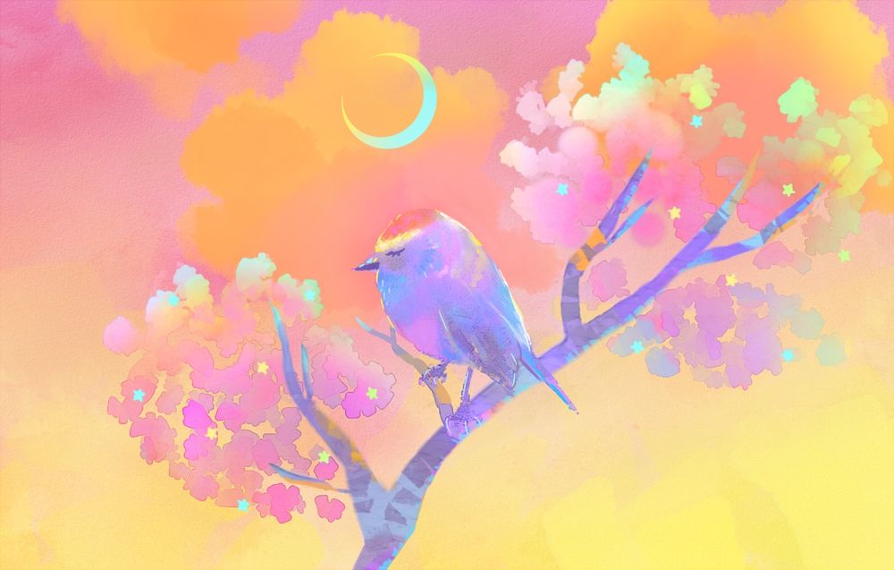 Digital art of a white-browed tit-warbler on a cherry tree branch, the background is warm orange and pink with a blue crescent moon.