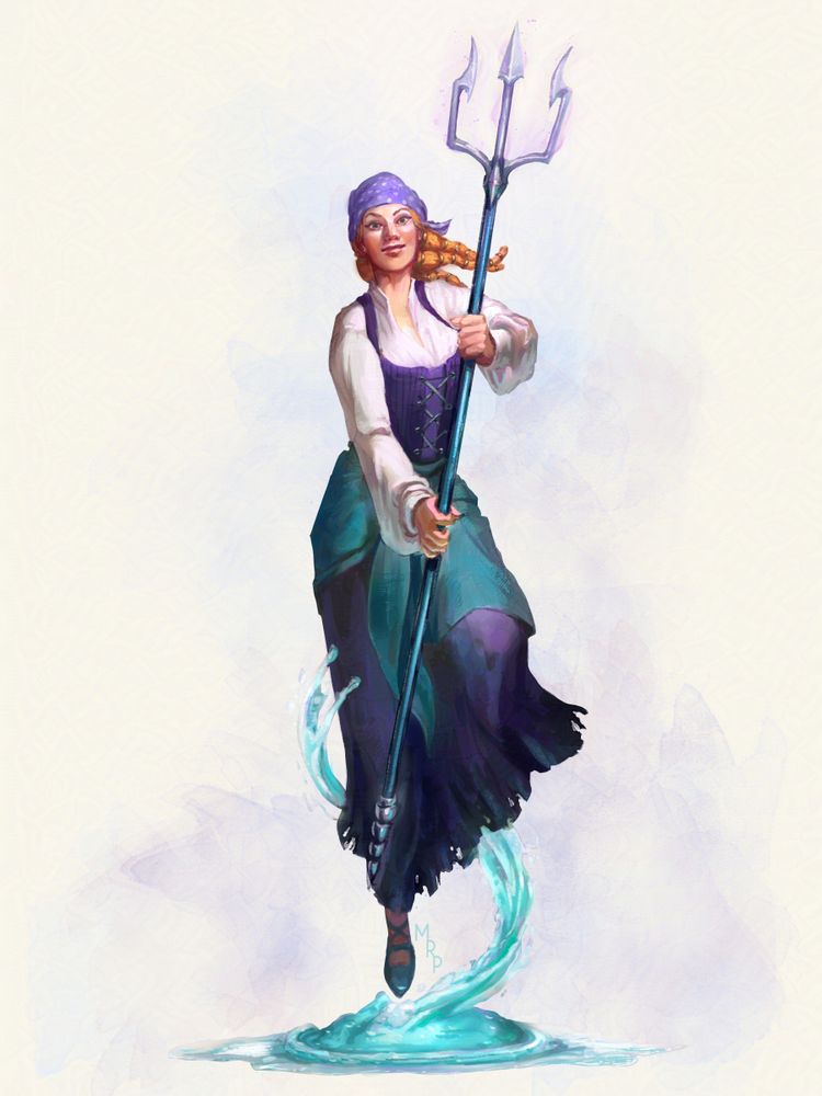 A strawberry blonde woman wields a trident in both hands, she floats above a puddle of water which is rising and spiralling around her feet.  The woman is dressed pirate garb (a purple and white polkdotted headscarf, white chemese, purple bodice and skirt, and teal overskirt/scarf.)  Her hair is in a loc-like style, with golden loops segmenting them.