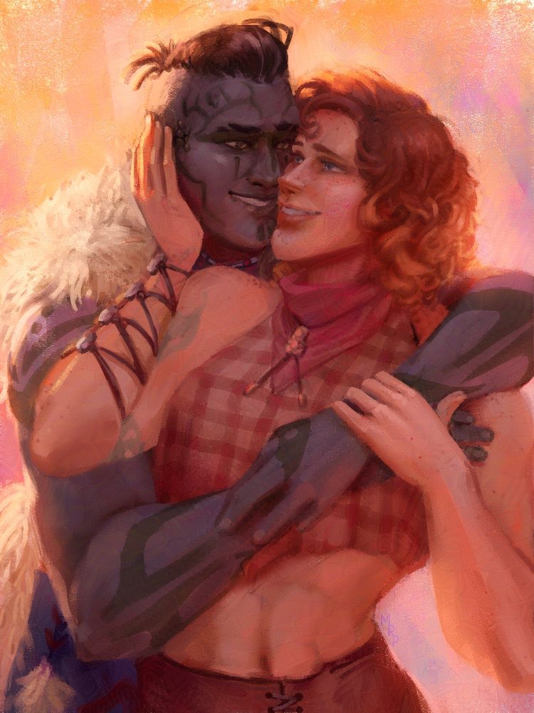 Digital painting of a backlit couple. The man is a goliath. He hugs his (tall)  human girlfriend from behind. She looks back at him, cupping his cheek.  The light is warm, as if from a sunrise or sunset.