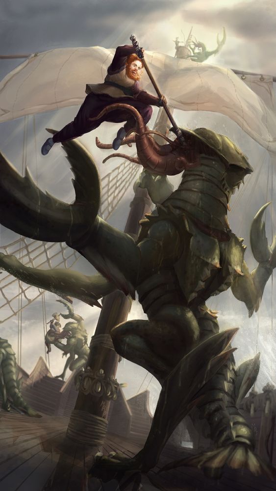 An illustration of a battle between humanoids and giant lobster-like creatures on the deck of a ship.  The vantage point is from low down, looking up towards the crows nest. In the foreground, a dwarven monk with red hair and beard, hits a Chuul in the head with her staff.  The staff has a fist motif.  In the background, two more party members battle their own Chuul - one on the quarterdeck, the other on the crows nest. A bright beam of light, breaking through heavy cloud cover brightly illuminates the scene.
