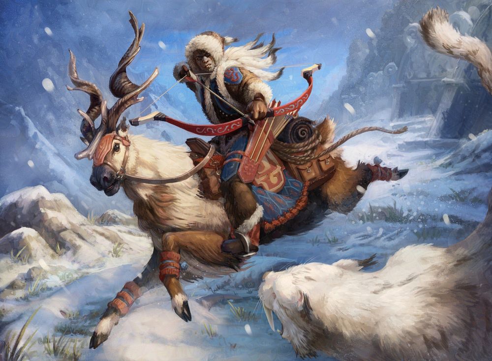 An illustration of a goliath hunter on his mount in snowy mountain terrain, facing off against a crag cat.  The Goliath is a young man, dressed in brown and white furs, accented with red and blue woven panels. He wields a red horsebow.  His mount is a mixture of a reindeer and a markhor goat. His tack and gear matches the colors and motifs of his rider. He is mid leap.  In the foreground, a white sabertoothed cat pursues the pair.  In the background are snowy peaks and Giant ruins.
