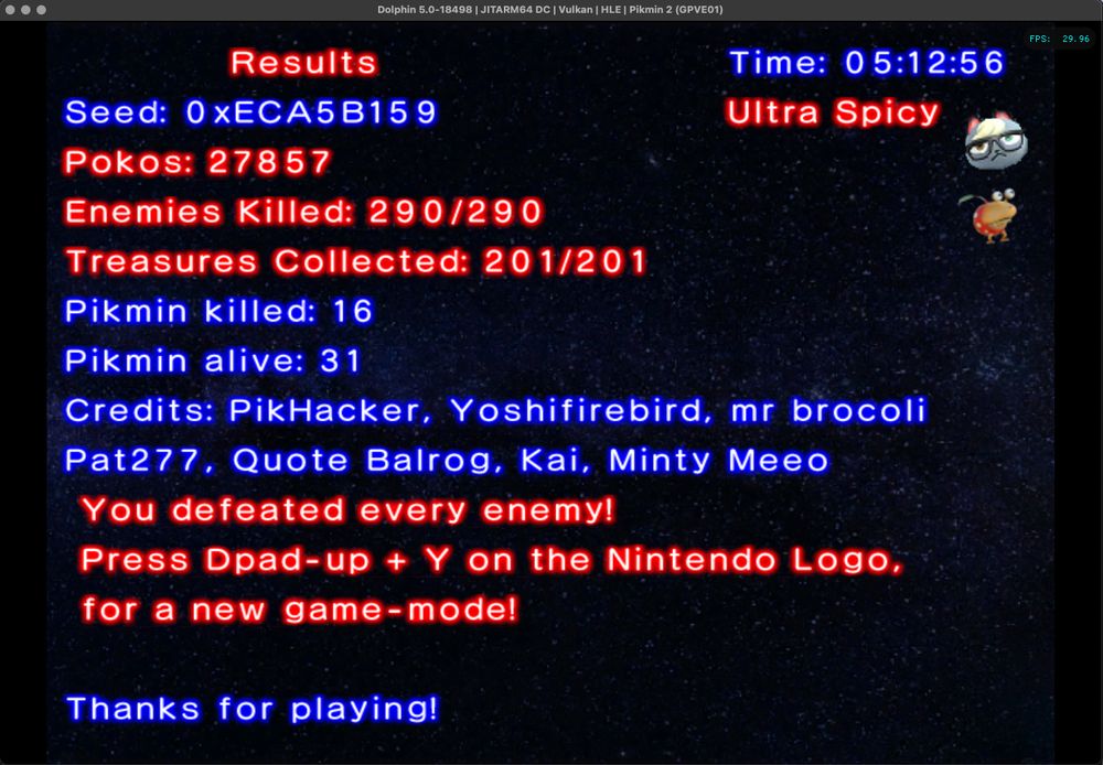 Screenshot of a results screen from Pikmin's Colossal Cavern's mod. Ultra Spicy mode. Done in 5 hours and 12 minutes. Having collected all 201 treasures and killed all 290 enemies.