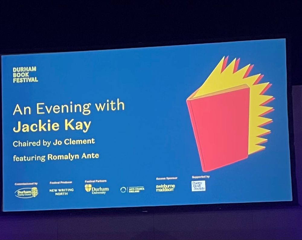 Screen display for poet Jackie Kay at Durham Book Festival 