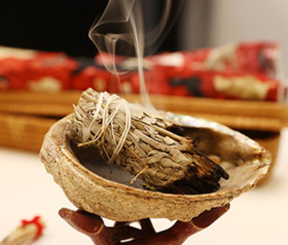 A close up photo of a bundle of white sage burning for smudging. The bundle sits in a shell.