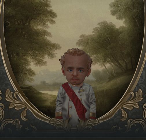 Portrett fra spillet Victoria 3. det er en liten unge, i militæruniform, og med fjeset til en voksen mann. Ligner på Eivind Trædal