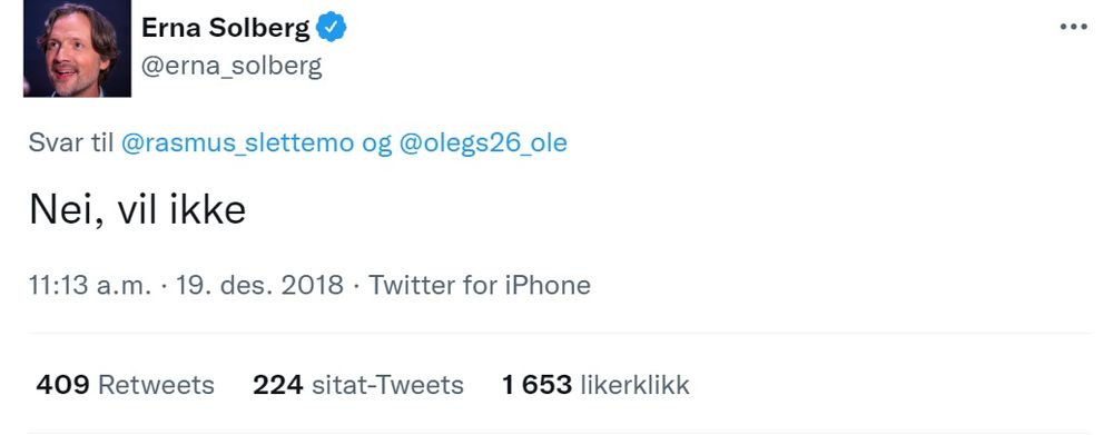 Bilde av Ulstein, over Erna Solbergs post:
Nei, vil ikke