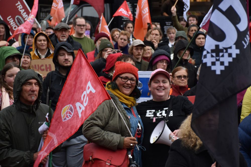 Crowd scene with a mix of flags and banners