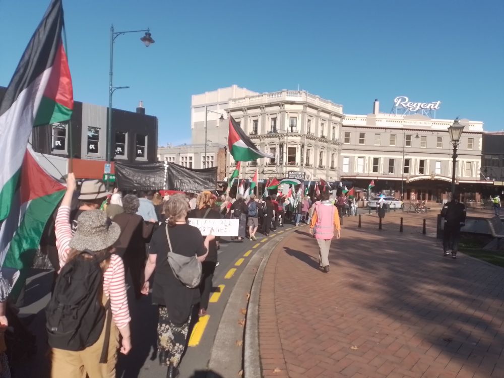 Image of a large crowd of people marching near the Regent theatre in the Octagan