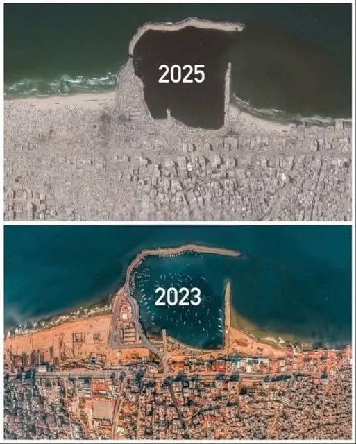 Een havenstad in Gaza in 2023 en 2025 vanuit de lucht.
In die van 2025 is nauwelijks meer bebouwing te onderscheiden.