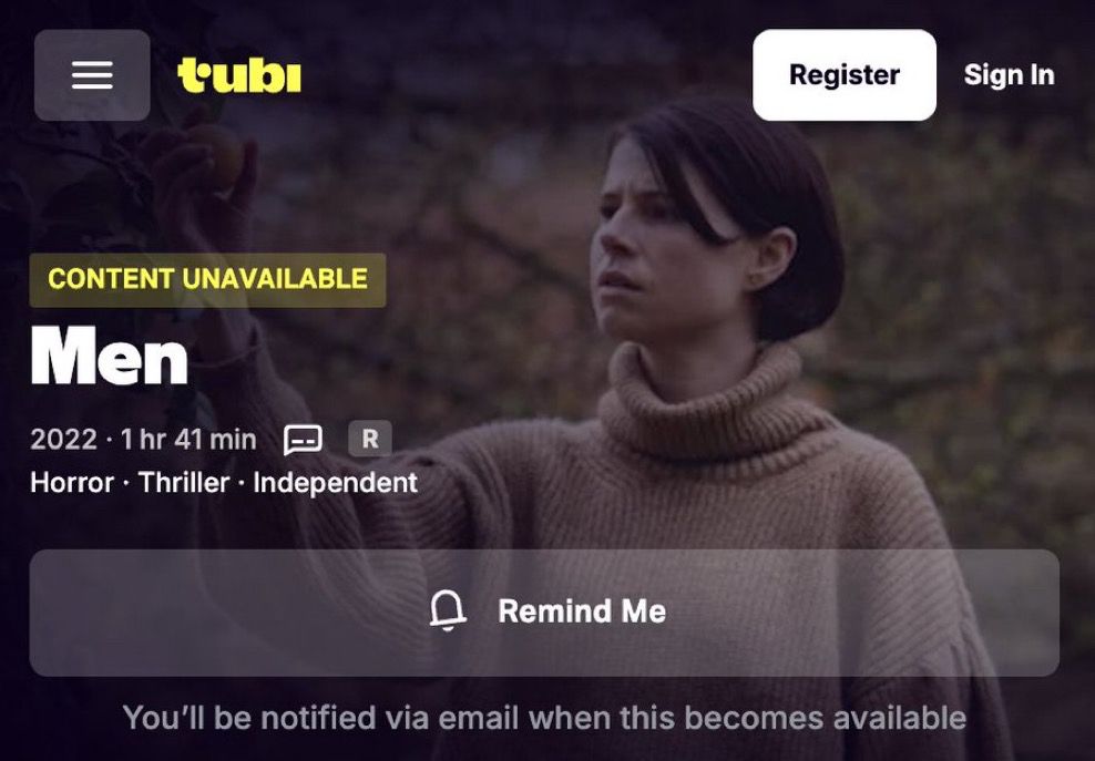 A screenshot of the site for streaming service Tubi, showing the film Men (2022) is not available 