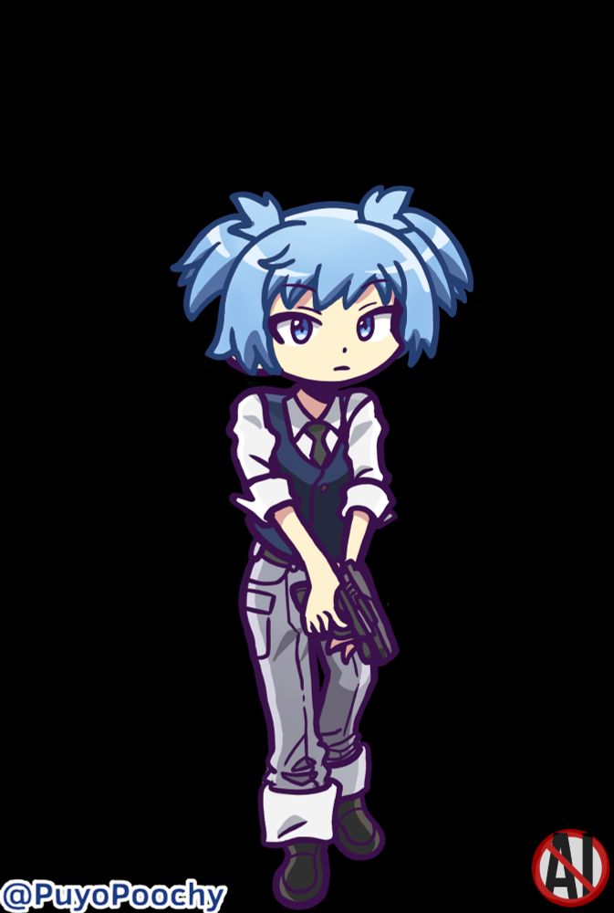 Nagisa Shiota from Assassination Classroom in the Puyo Puyo artstyle. He's a young boy with blue hair and two pigtails who is wearing a school uniform while holding a gun with his hands