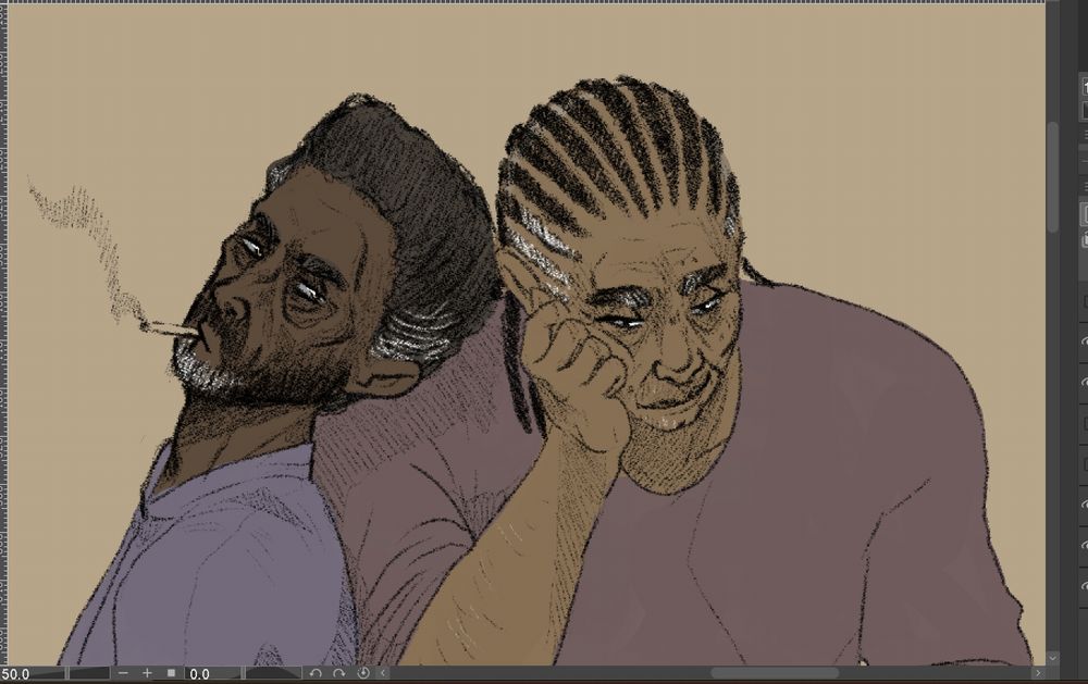 A digital art work in progress of two brown skinned older men from the bust up. The one on the left, a darker skinned man with unkempt salt and pepper stubble and a messy high top hairstyle wearing a purple shirt and smoking a cigarette, is leaning back on the other's shoulder, looking at him sidelong over his left shoulder. The other man has his cheek in his palm, turned slightly away from the first man, and from context clues we can see he is leaning on a surface of some sort. He is hiding his face from the other man, and he is smiling, looking down at something in front of him.
