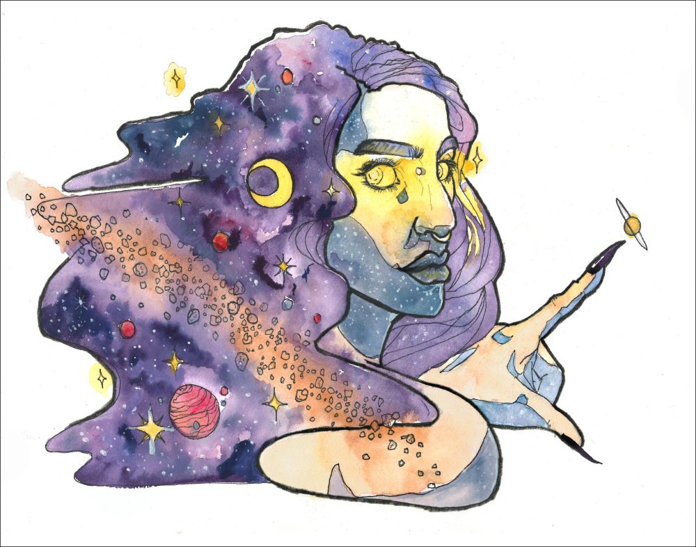 A simple watercolor portrait of a space witch she is looking at the viewer with knowing, glowing yellow eyes, and grinning slightly. Her hair is a purple galaxy filled with planets and an asteroid belt. One hand is pointing out, and at the end of her pointer finger is a tiny ringed planet standing out against a white background. She has stars in the shadows on her face and hand.