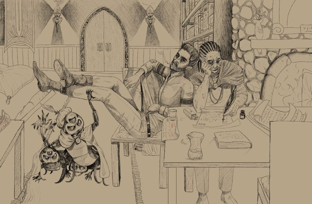 A black sketchy drawing on a sepia toned background. The scene depicts two older men in their 40s and 50s and three bug-like creatures. One man is lounging across two chairs with his feet up, leaning back on the other and looking at him sidelong. He is wearing a shirt with decorative arm bands, and loose pants tucked into work boots. A cigarette is hanging out of his mouth and he has a secretive expression on his face. The other man is grading a paper on a scroll sitting at a table, holding a quill in his left hand and hiding his face with his right, not looking at the first man, but smiling. He is wearing a cloak with a fancy gold chain and a sweater underneath. The table is littered with papers and has a water carafe that is mostly empty. On the left are three bug like creatures haphazardly stacked under a cloak. The most prominent one is wearing a hat with a feather, and she looks angry. She is glaring at the first man and pushing on his legs, which are blocking a through-way. 