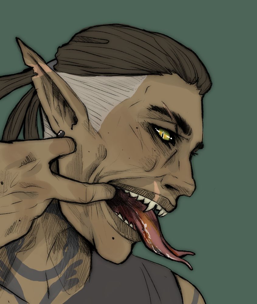 A side profile digital drawing of a young man with darker skin and green snake eyes pulling back his lip, exposing his teeth and sticking out a forked tongue. His hair is tied back and he has an undercut, he's wearing a gray tank top and has a tattoo of an ouroboros on his neck. He's framed by a mossy green background