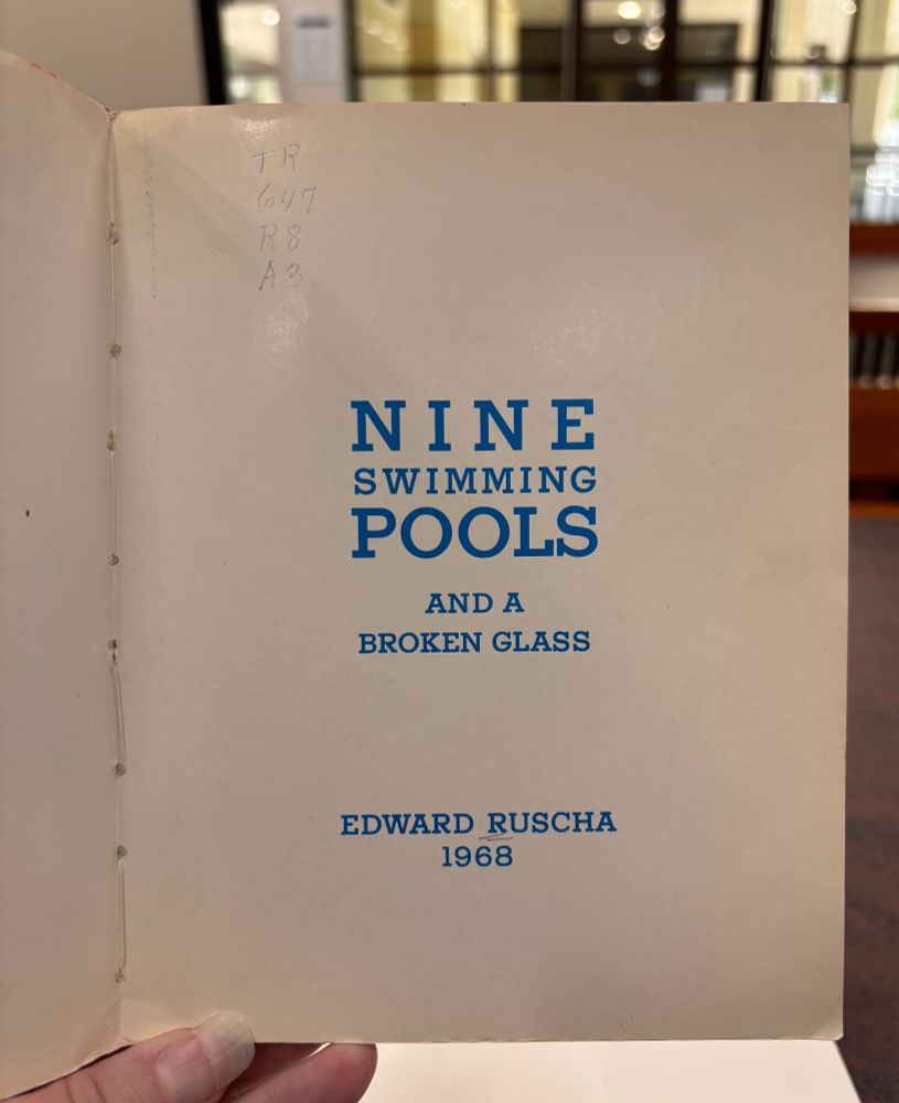 My summer 2025 rabbit hole has consisted of discovering and enjoying these Ed Ruscha artists books like the one I'm holding in my pastey white fingers, "Nine Swimming Pools and a Broken Glass."