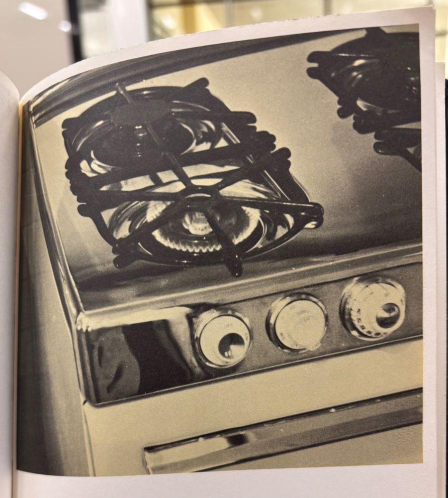 Photo of a gas stove with a burner lit. One page of Ed Ruscha's Various Small Fires 
