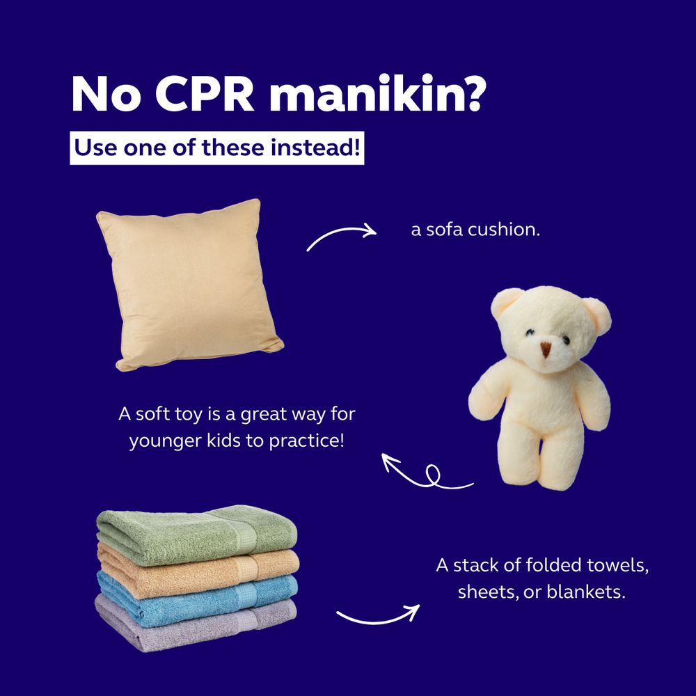 Graphic suggesting alternatives to a CPR manikin: a sofa cushion, a teddy bear, and a stack of folded towels, sheets, or blankets, with arrows indicating each item.