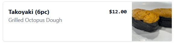 Menu item claiming to be a 6 piece order of takoyaki (octopus in fried dough) but with an image of uni (sea urchin, resembling peanut butter wrapped in seaweed sheet).