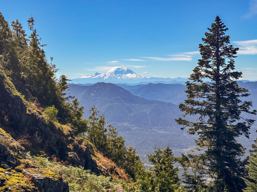 Photo near the top of a mountain with rocky and treed slopes to the left and a large conifer to the right. Ice capped Mt. Rainier is in the far background with the City of North Bend at the bottom of the valley.