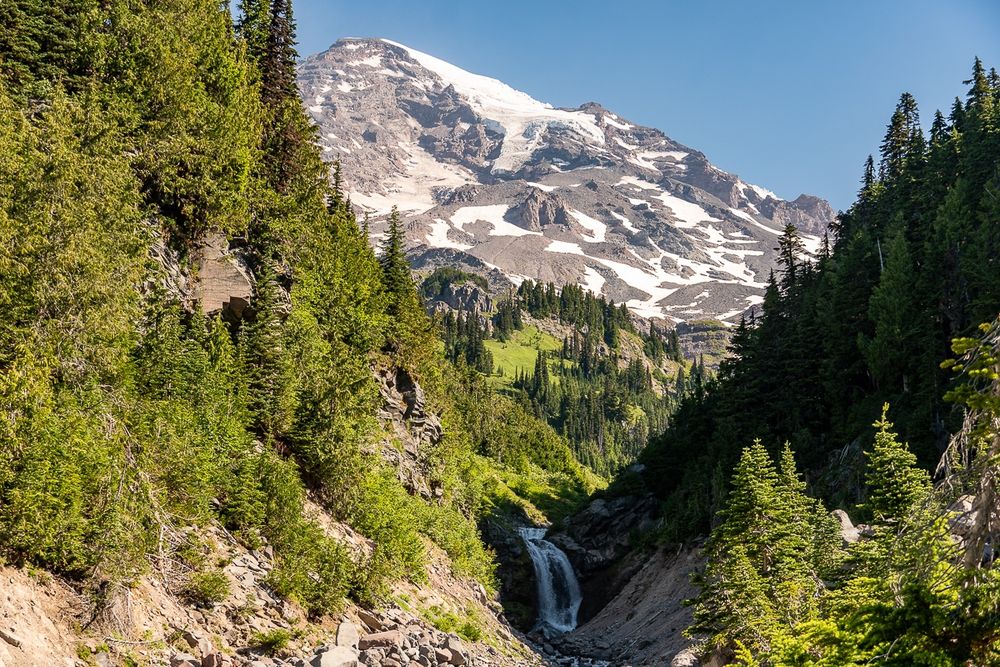 View from the bottom of a steep valley bordered by evergreens with a waterfall in the bottom center. Just above the waterfall are distant bright green meadows broken by dark green conifers. In the distance is Mount Rainier with glaciers, ice cliffs, and melting snowfields under a clear blue sky. 