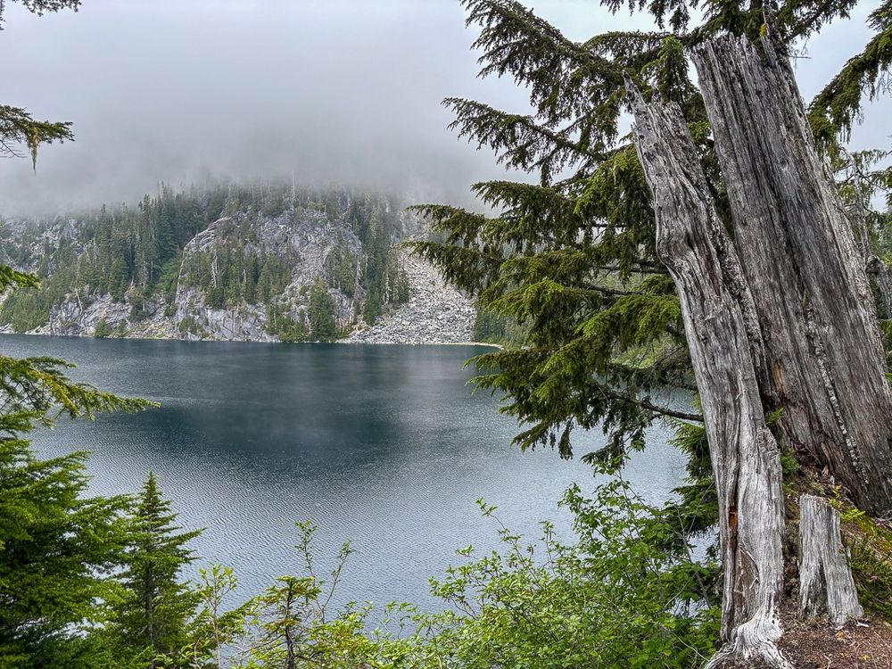 Low clouds obscure the far side of a lake shoreline with granite and talus slopes in the background, with the calm lake seen from a viewpoint next to an old stump and through pine trees. 