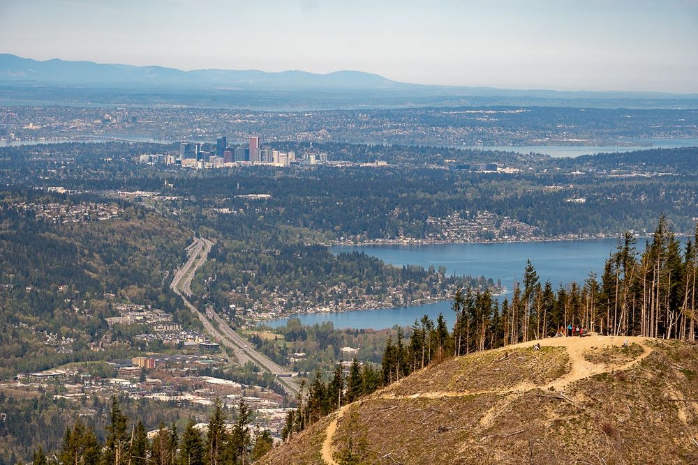 Photo of the view from between Tiger 3 and Tiger 2 showing the logged top of Tiger 3 with Lake Sammamish to the right, I-90, and downtown Bellevue in the center, and Lake Washington and the edge of the Olympics in the upper portion.