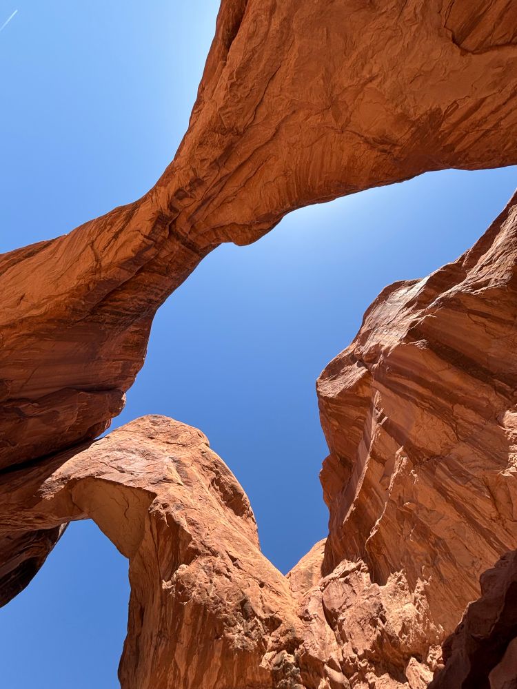 View looking directly up at the tan and orange Double Arch with blue sky background in Arches National Park.