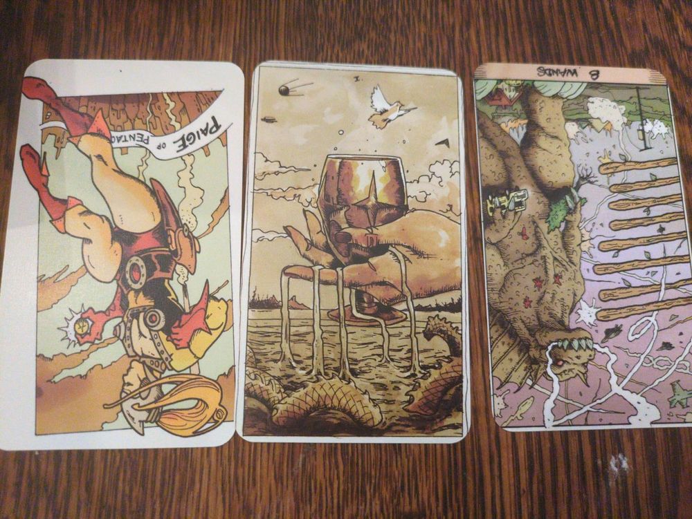 Page of Pentacles inverted, one of cups, 8 of rods inverted