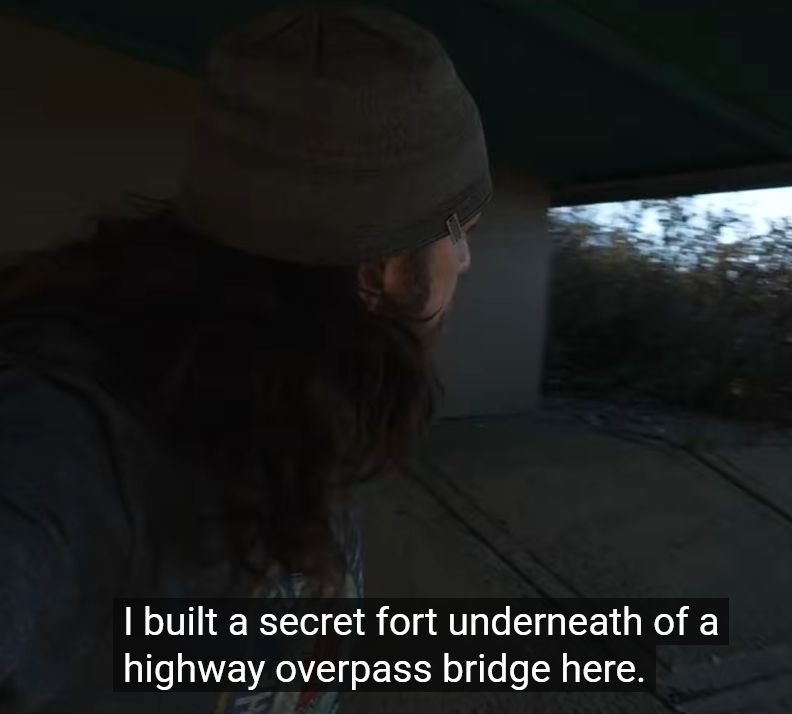 Camping With Steve saying "I built a secret fort underneath of a highway overpass bridge here.".