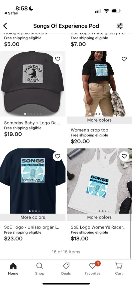 Alt text: "Online store page featuring various 'Songs of Experience' merchandise. Products include a black cap with 'Someday Baby' text, a woman modeling a black crop top, a navy t-shirt, and a white racerback top, all with a podcast logo in blue and white. Prices range from $5 to $23 with free shipping. Navigation bar at the bottom."