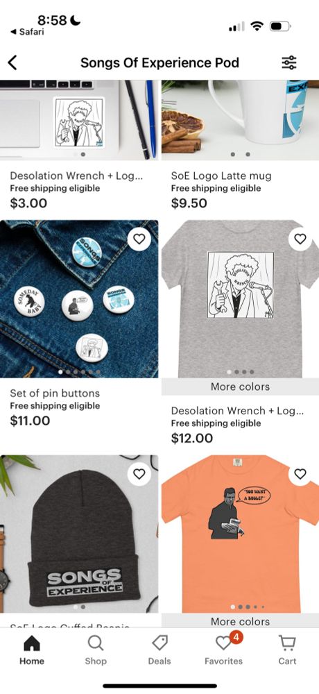 Screenshot of an online store showing "Songs Of Experience" merchandise. Items include a sticker, latte mug, pin buttons, t-shirts, and a beanie. Each product lists prices and free shipping eligibility.