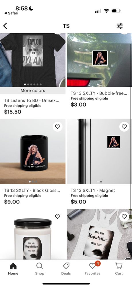 Online shop interface displaying various TS-themed merchandise, including a T-shirt, sticker, mug, magnet, and candle with different designs. Prices range from $3.00 to $15.50.
