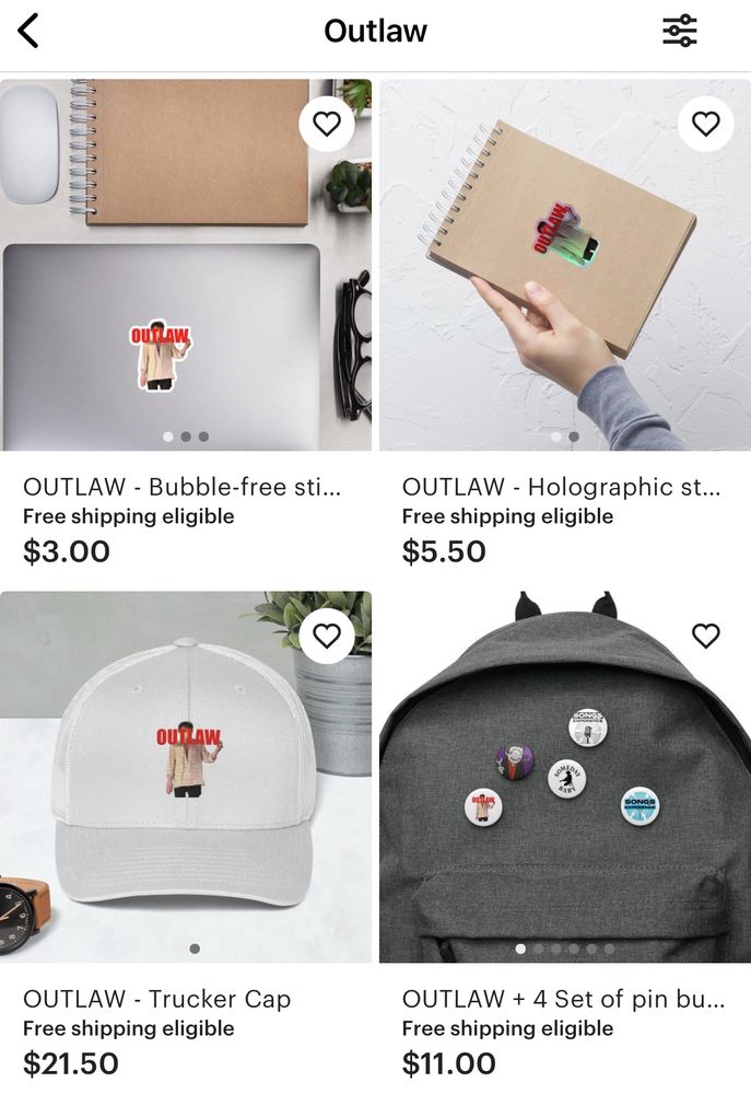 Image displaying four products with "Outlaw" branding: a $3 bubble-free sticker on a laptop, a $5.50 holographic sticker on a notebook, a $21.50 trucker cap, and an $11 set of four pin buttons on a backpack. The design features a figure with a red "Outlaw" label.