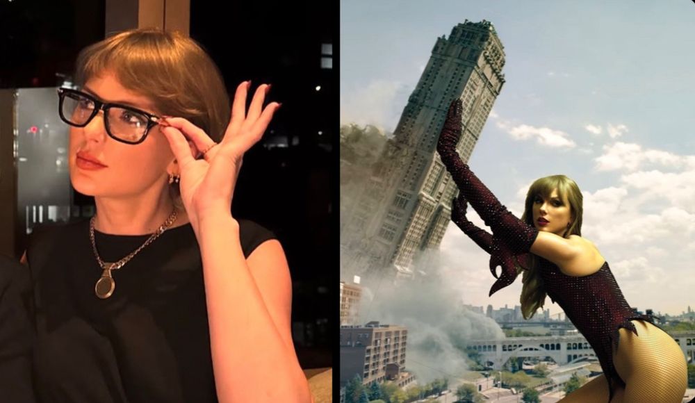 
Left: A person with glasses holds the frame, looking contemplative, indoors. Right: The same person, giant-sized, clad in sparkly outfit, playfully "pushing" a leaning skyscraper against a city backdrop.