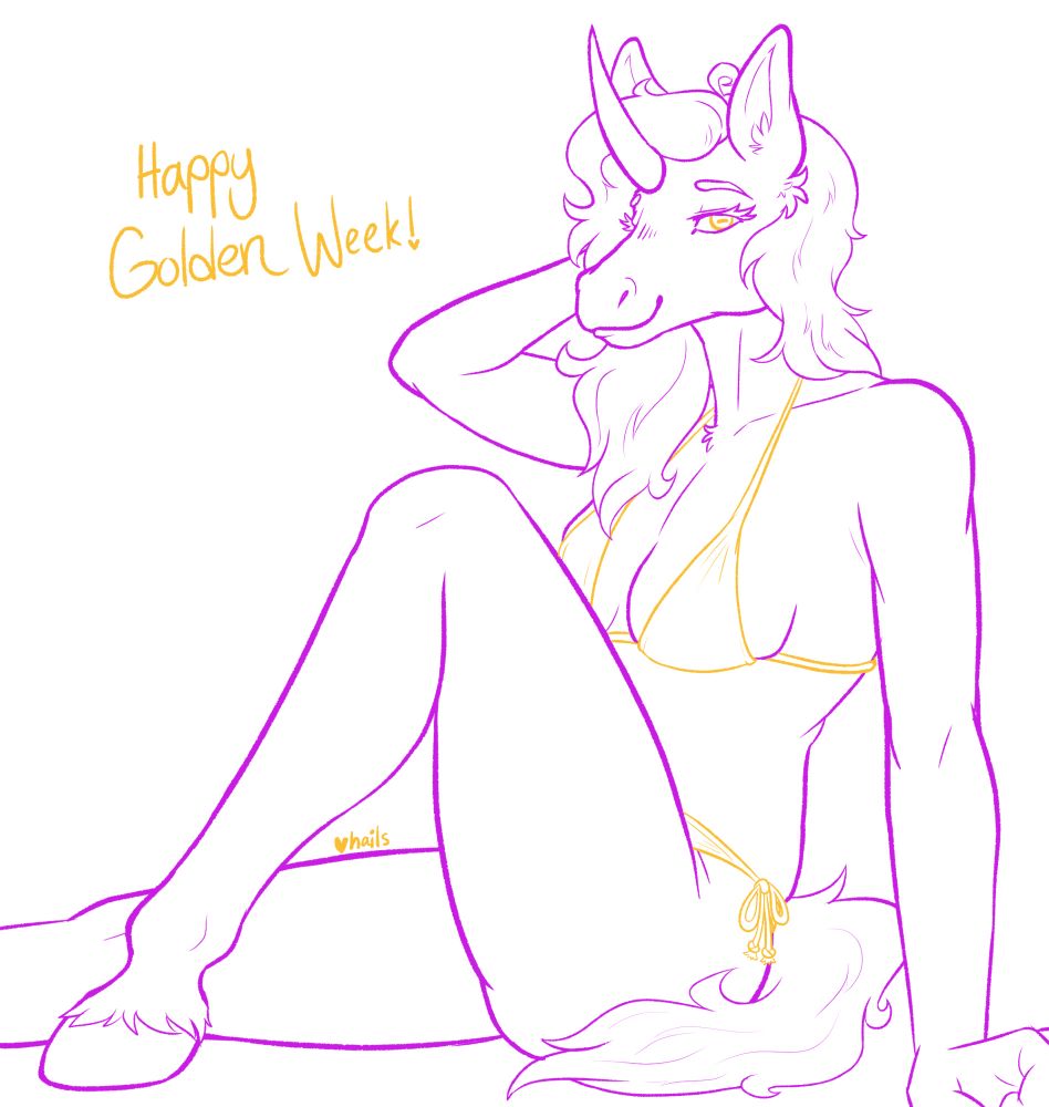 digital sketch of a purple anthro unicorn girl, zara, posing in a golden bikini while sitting casually on the ground, one hand behind her head.