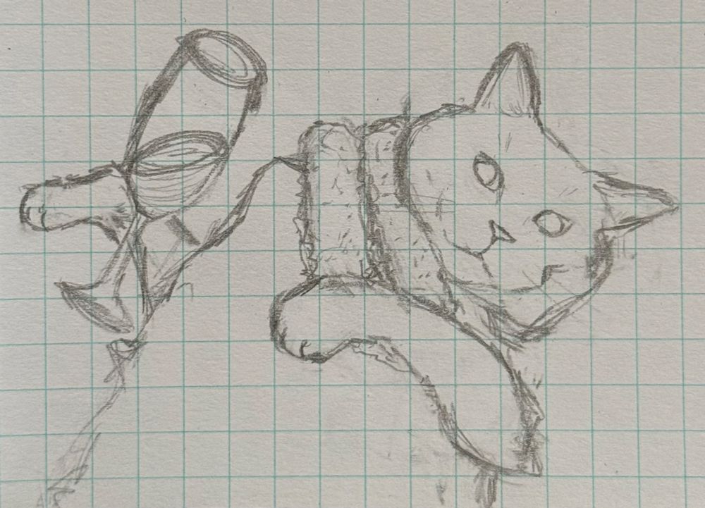 A simple traditional pencil and paper drawing of a cat holding a glass of wine while wearing a plastic lei.