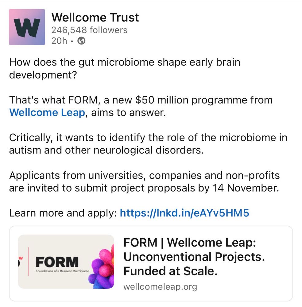 Screenshot of Wellcome trust announcement on LinkedIn saying that Wellcome Leap have pledged $50m to "identity the role or the microbiome in autism"