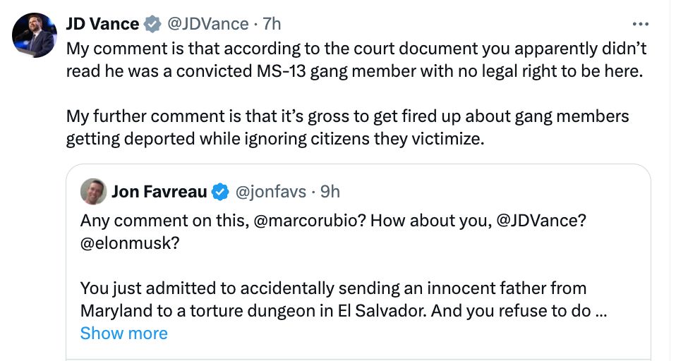 "My comment is that according to the court document you apparently didn’t read he was a convicted MS-13 gang member with no legal right to be here. 

My further comment is that it’s gross to get fired up about gang members getting deported while ignoring citizens they victimize."