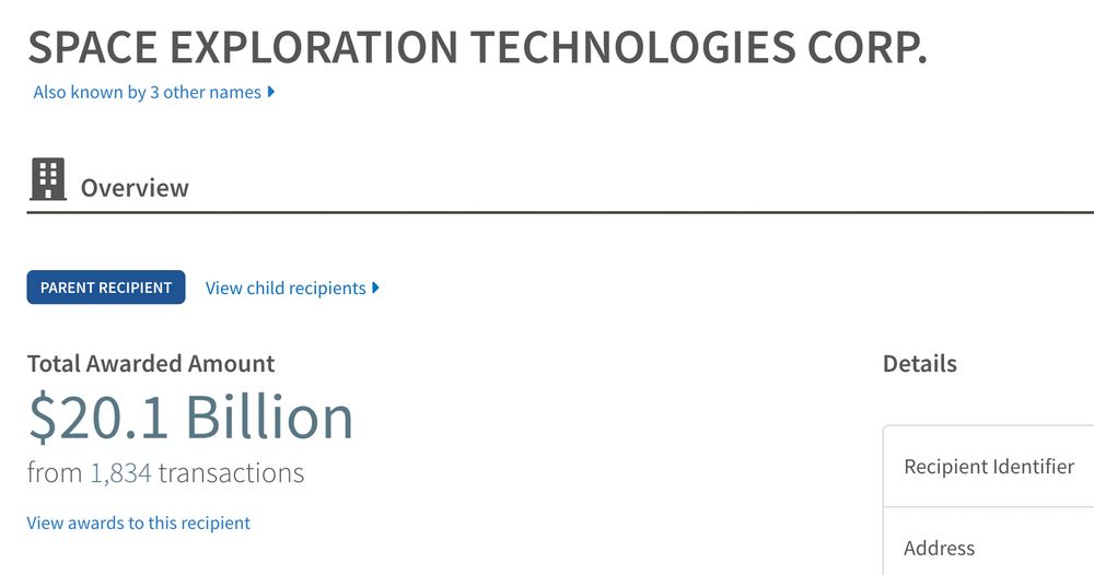 SpaceX
Total Awarded Amount
$20.1 billion
from 1,834 transactions
View awards to this recipient