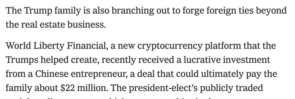 The Trump family is also branching out to forge foreign ties beyond the real estate business.

World Liberty Financial, a new cryptocurrency platform that the Trumps helped create, recently received a lucrative investment from a Chinese entrepreneur, a deal that could ultimately pay the family about $22 million. 
