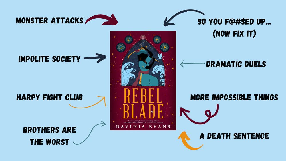 The cover of REBEL BLADE by Davinia Evans, surrounded by arrows indicating that the book contains: monster attacks, impolite society, harpy fight club, brothers are the worst, so you fucked up (now fix it), dramatic duels, more impossible things, and a death sentence.