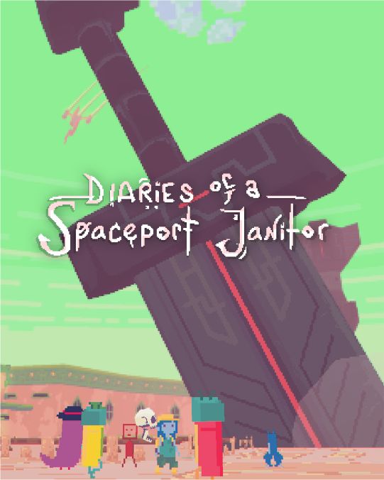 A screenshot of Diaries of a Spaceport Janitor, depicting a crowd of aliens gathered by an enormous sword beneath a green sky.