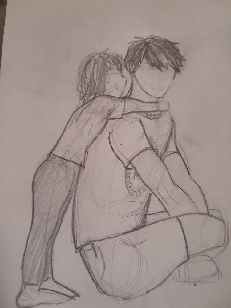 A sketched drawing of a boy (Percy Jackson) sitting crosslegged to the right and a young girl (Estelle) leaning against him with her arm around his shoulders. They have no faces