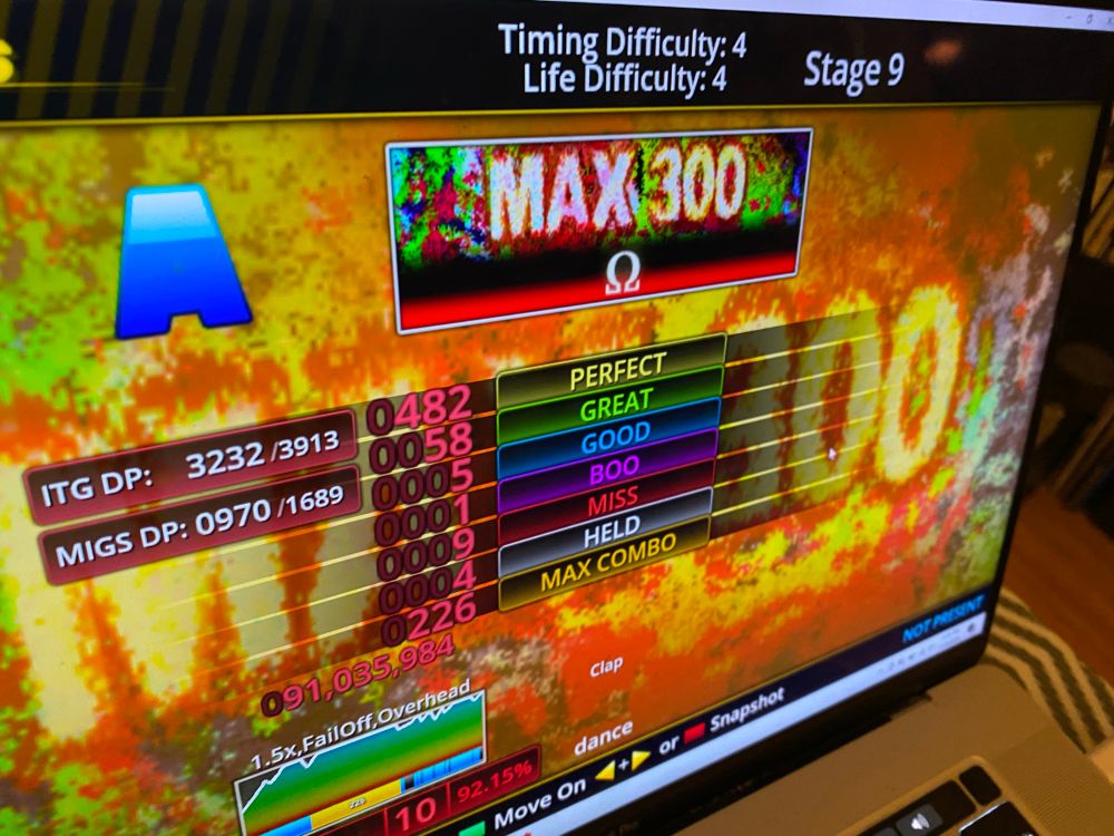 Stepmania DDR results screen for Max 300. I got a 91m A